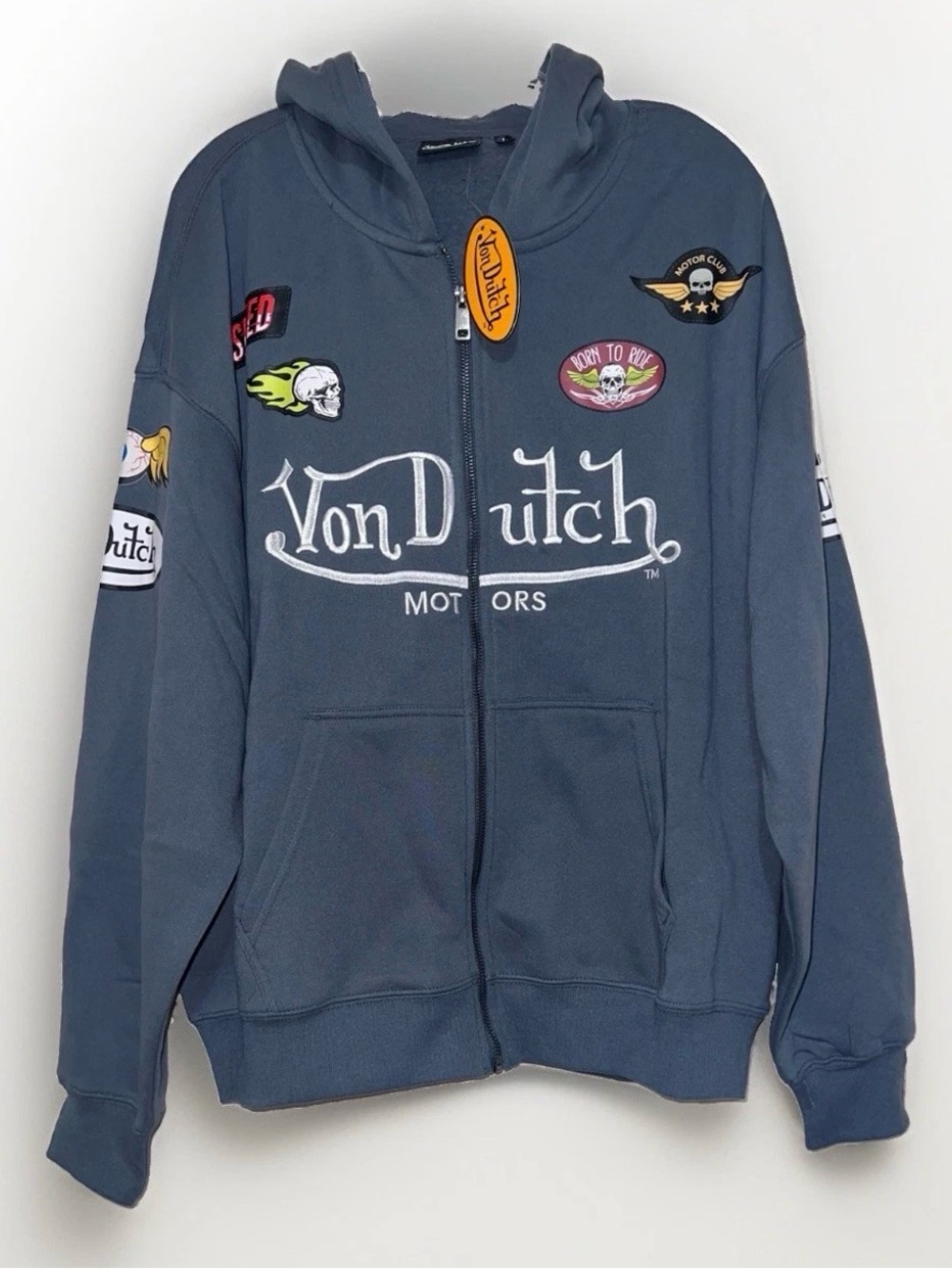 Von Dutch "Born To Ride" Eye Ball Logos Full Zip Fleece Gray Hoodie Large NWT